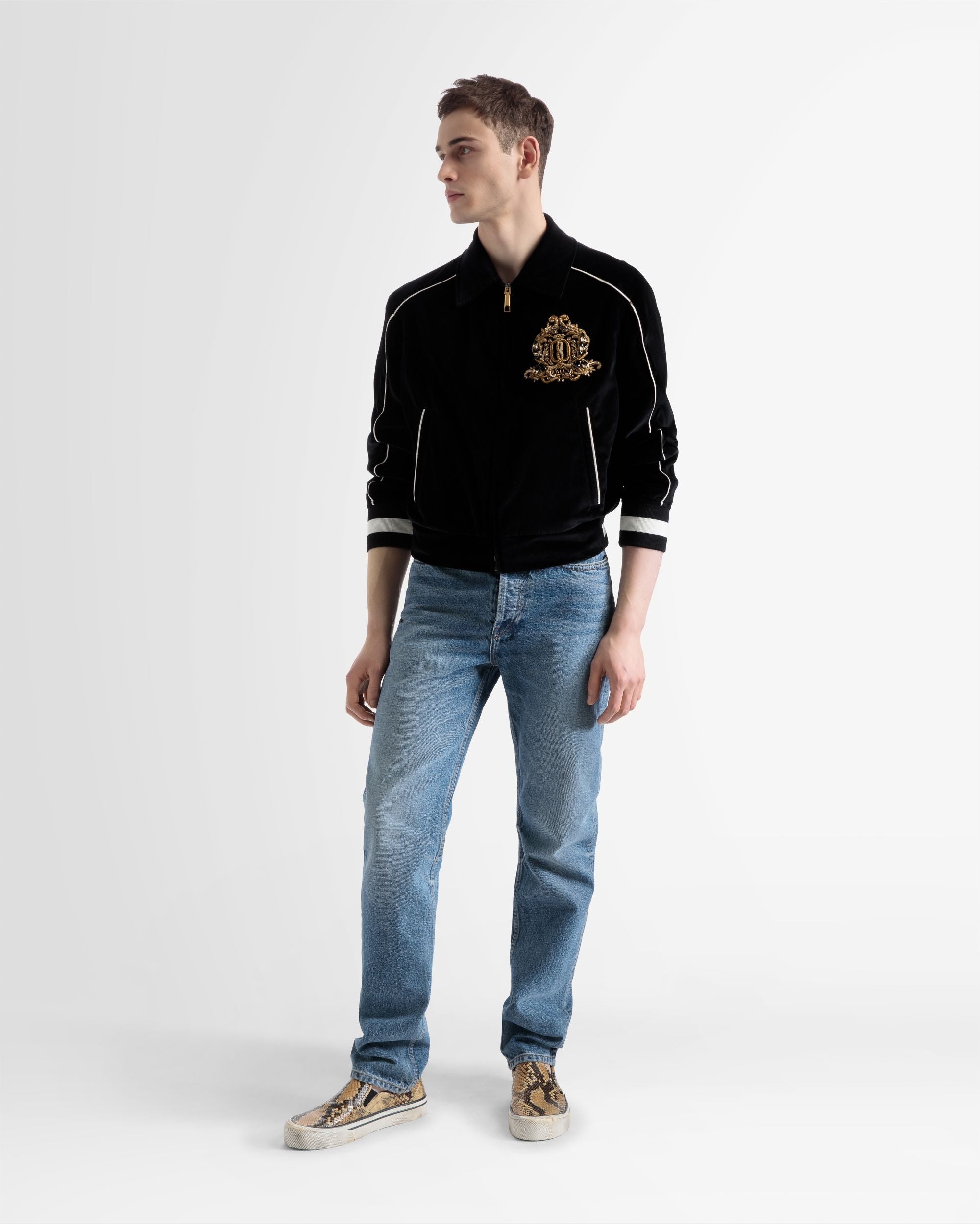 Embroidered Velvet Bomber Jacket In Black - Men's - Bally - 01