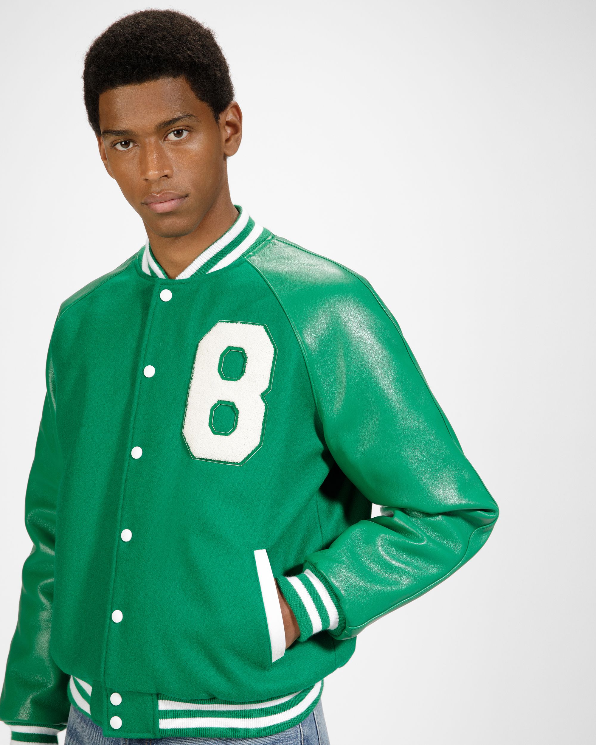 Wool Mix Varsity Jacket In Deep Emerald - Men's - Bally - 03