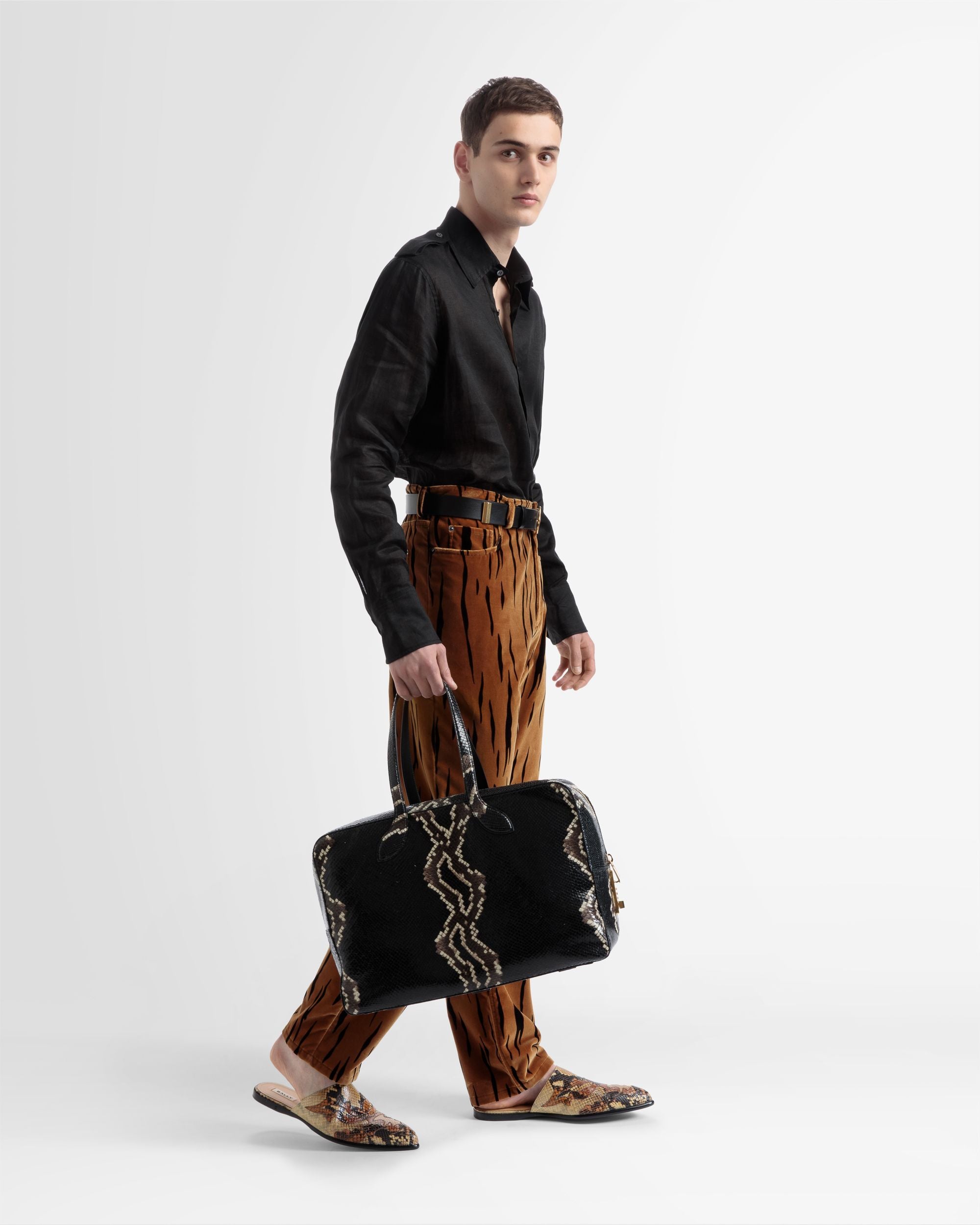 Tiger Printed Pants In Black And Desert Velvet - Men's - Bally - 04