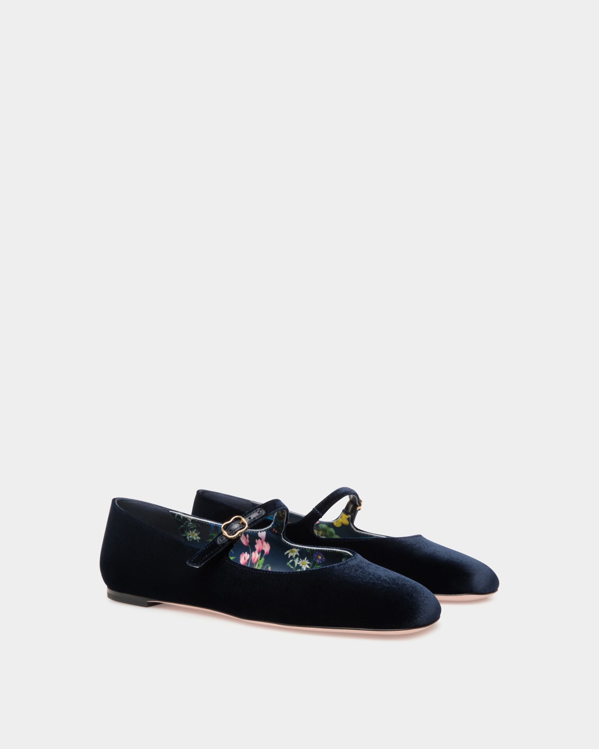 Ballyrina Flat in Navy Blue Velvet Fabric - Women's - Bally - 02