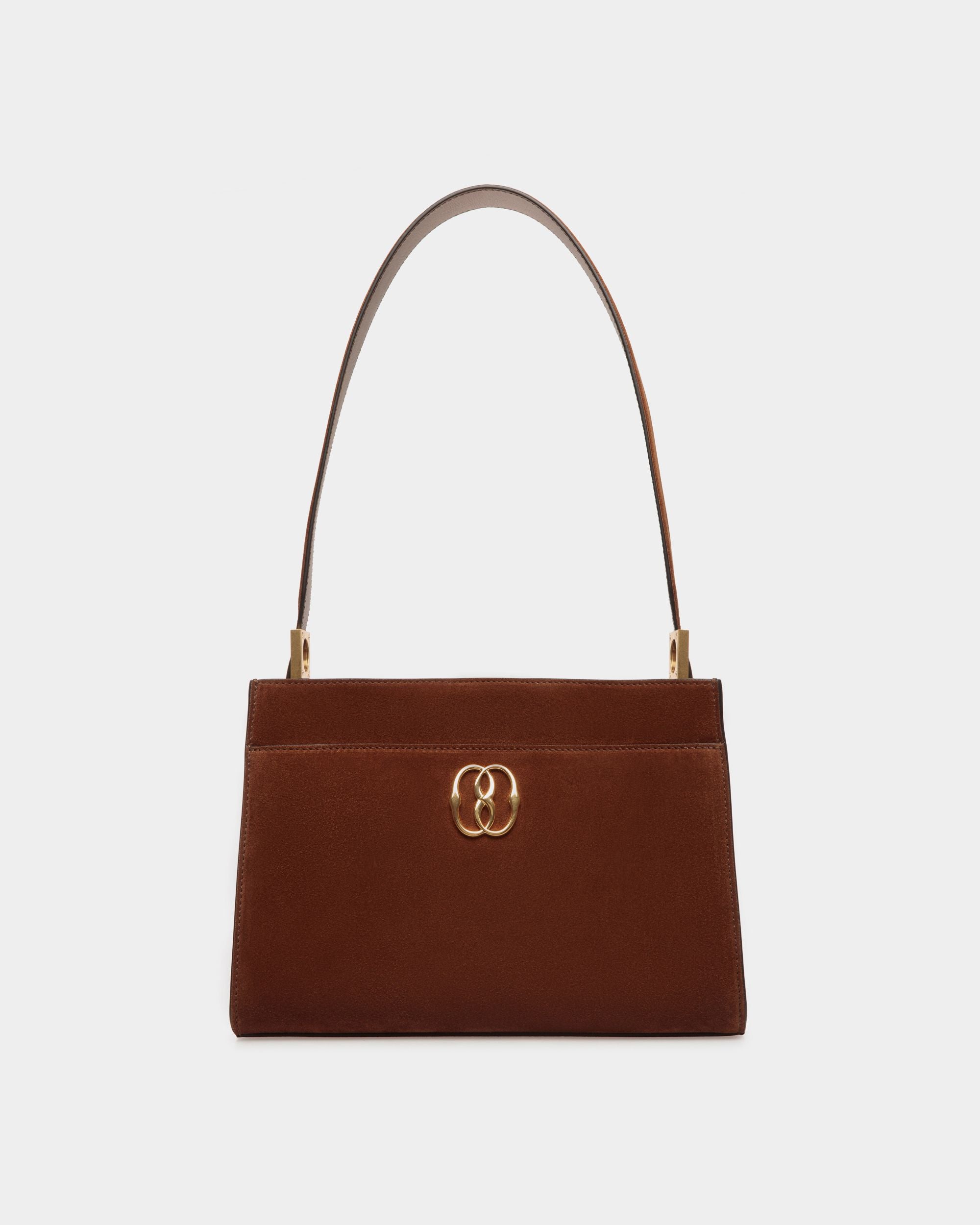 Emblem Shoulder Bag in Brown Suede - Women's - Bally - 01