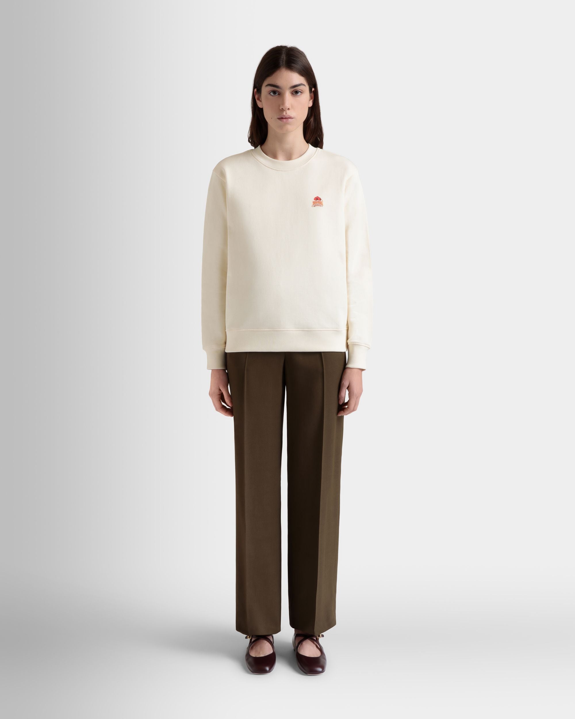 Crewneck Sweatshirt With Bally Cake in Ivory Cotton - Women's - Bally - 02