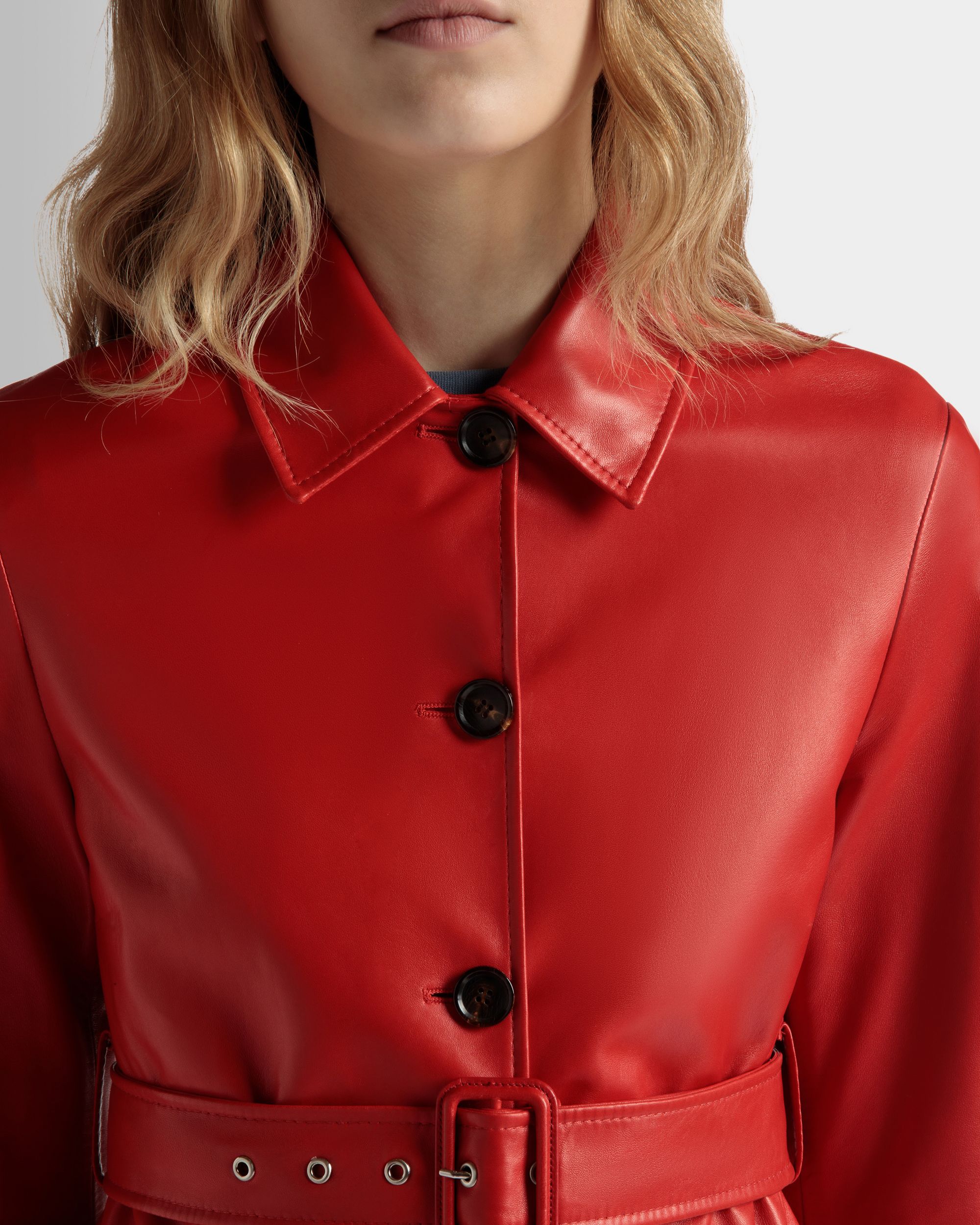 Midi-Mantel Mit Gürtel Aus Leder In Candy Red - Damen - Bally - 04