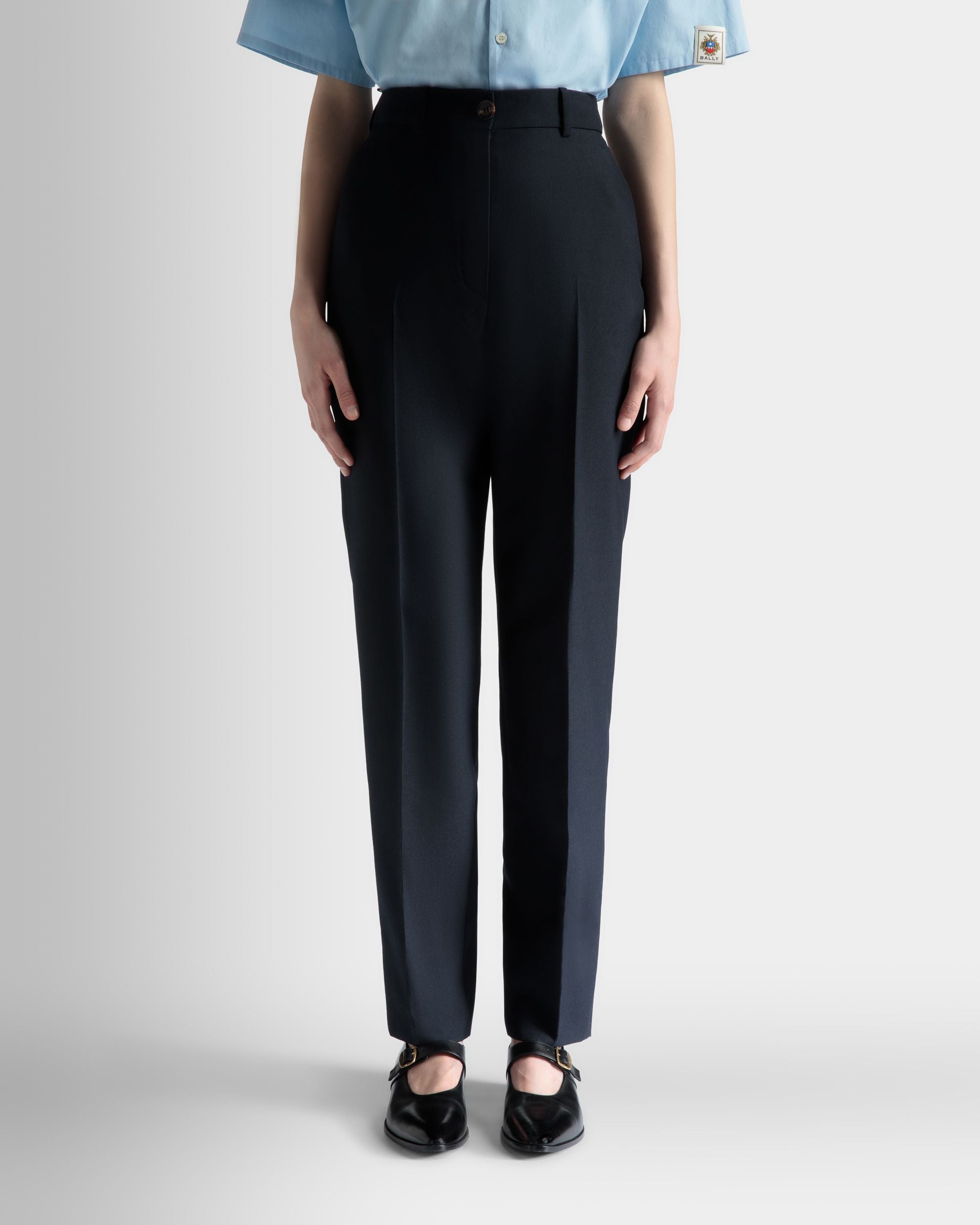 Straight Fit Pants in Navy Blue Wool Blend - Women's - Bally - 03